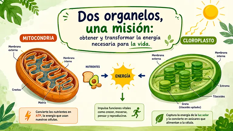 Mitocondrias y cloroplastos. Dos organelos, una misión: obtener y transformar la energía necesaria para la vida.
